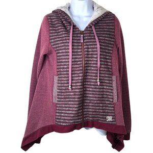 Miss Me Burgundy Faux Fur Lined Hood Sharkbite Hem Cardigan Jacket Stripes Sz M